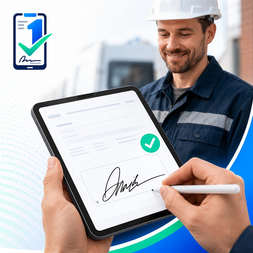 A customer signing a job off on a tablet at the work site